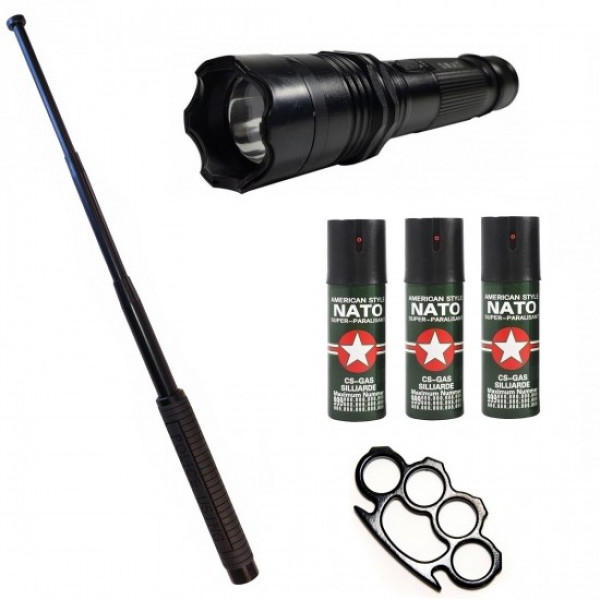 KIT autoaparare (2in1 Electrosoc+Lanterna ) Baston telescopic Police 50 cm +3 Spray Paralizant + Box metalic